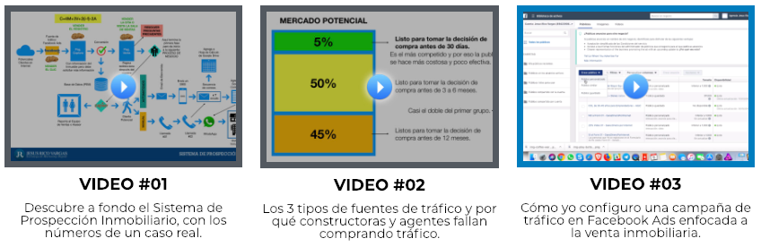 Índice de los tres vídeos del curso. VIDEO #01: Descubre a fondo el Sistema de Prospección Inmobiliario, con los números de un caso real. VIDEO #02: Los 3 tipos de fuentes de tráfico y por qué constructoras y agentes fallan comprando tráfico. VIDEO #03: Cómo yo configuro una campaña de tráfico en Facebook Ads enfocada a la venta inmobiliaria. Ahora estás en el VIDEO #03.